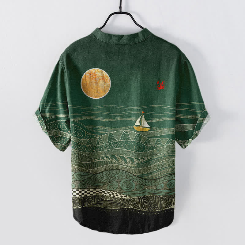 Buddha Stones コットン製オーシャンウェーブヨット柄メンズ半袖ハーフボタンシャツ - image 6