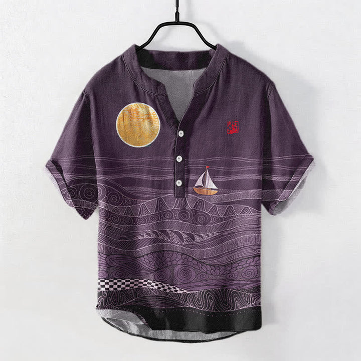 Buddha Stones コットン製オーシャンウェーブヨット柄メンズ半袖ハーフボタンシャツ - 紫 - US/UK/AU50、EU60（5XL） - image 7