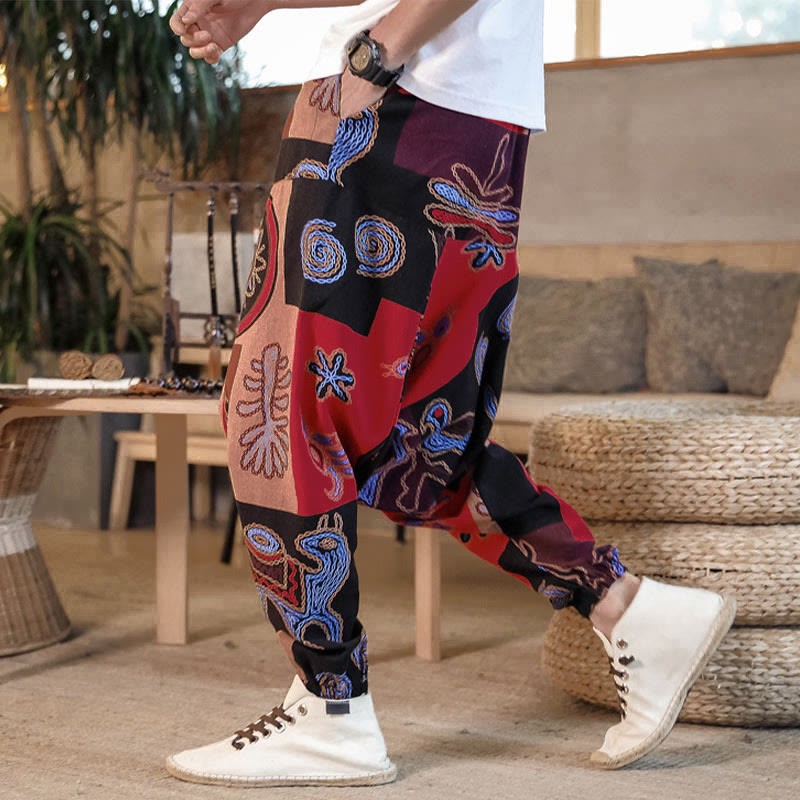 Buddha Stones格子花柄プリント メンズ ハーレムクロップドパンツ（ポケット付き） - 赤 - US/UK/AU42、 EU52 (3XL) - image 0