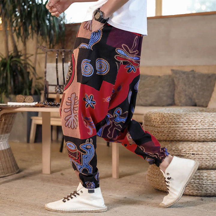 Buddha Stones格子花柄プリント メンズ ハーレムクロップドパンツ（ポケット付き） - 赤 - US/UK/AU42、 EU52 (3XL) - image 0