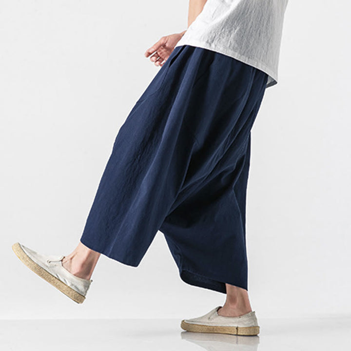Buddha Stonesカジュアル ロークロッチデザイン ドローストリング メンズ 7-8丈 ワイドレッグパンツ ポケット付き - ダークスレートブルー - US/UK/AU46、 EU56 (5XL) - image 0