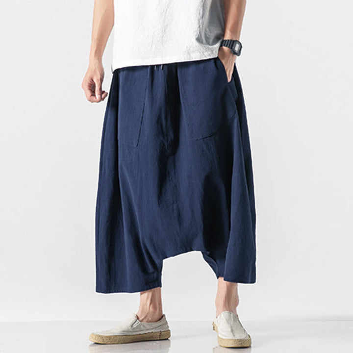Buddha Stonesカジュアル ロークロッチデザイン ドローストリング メンズ 7-8丈 ワイドレッグパンツ ポケット付き - image 2