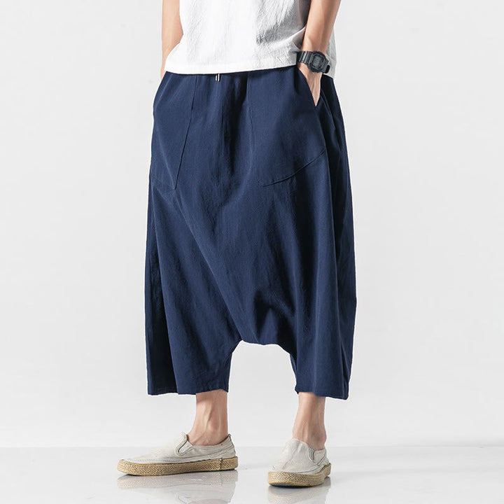 Buddha Stonesカジュアル ロークロッチデザイン ドローストリング メンズ 7-8丈 ワイドレッグパンツ ポケット付き - image 3