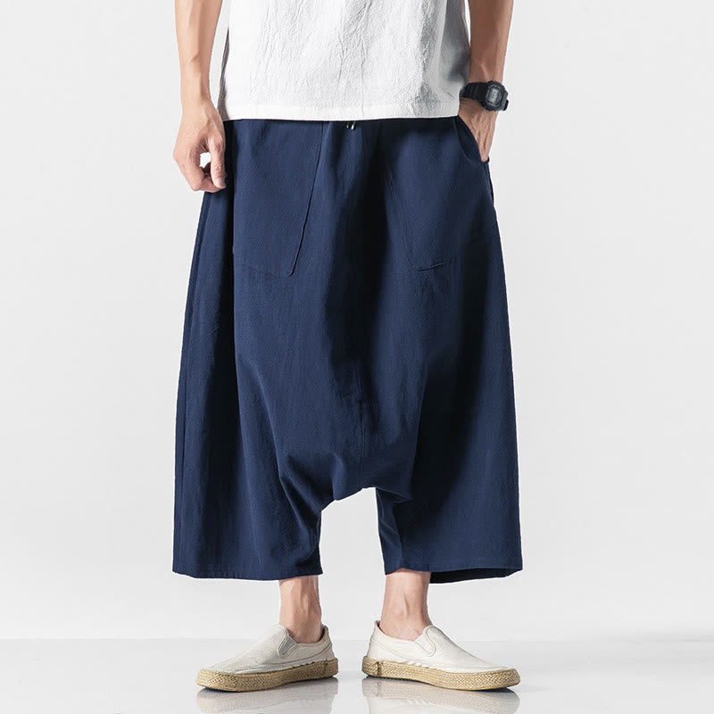 Buddha Stonesカジュアル ロークロッチデザイン ドローストリング メンズ 7-8丈 ワイドレッグパンツ ポケット付き - image 1