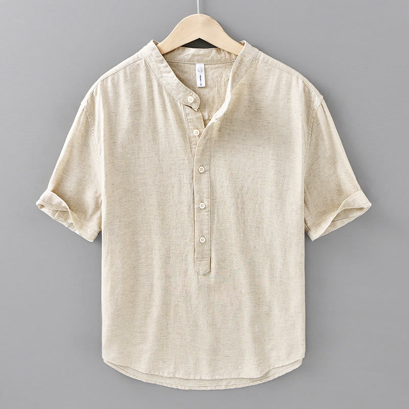 Buddha Stones夏用 無地 メンズ ハーフボタン 半袖 コットンリネンシャツ - リネン - US/UK/AU42、 EU52 (3XL) - image 0