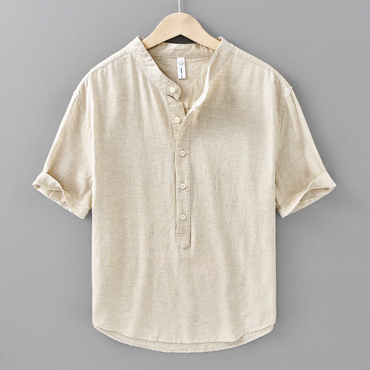 Buddha Stones夏用 無地 メンズ ハーフボタン 半袖 コットンリネンシャツ - リネン - US/UK/AU42、 EU52 (3XL) - image 0