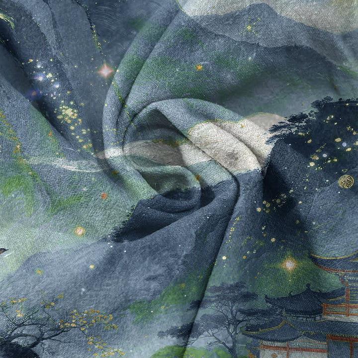 Buddha Stones コットンインクウォッシュ風景柄メンズ半袖ハーフボタンシャツ - image 4