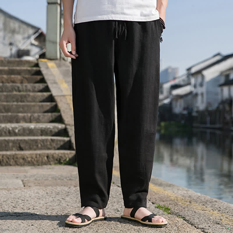 Buddha Stones 春夏カジュアルミニマリストドローストリング無地ラミーアンクルパンツメンズハーレムパンツポケット付き - image 9