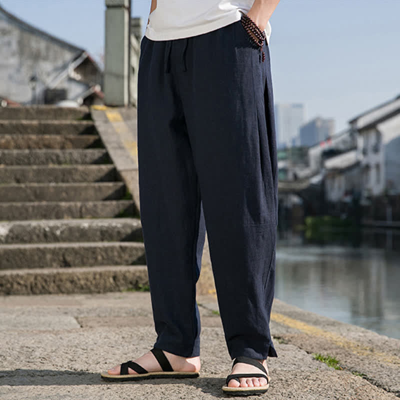 Buddha Stones 春夏カジュアルミニマリストドローストリング無地ラミーアンクルパンツメンズハーレムパンツポケット付き - image 14
