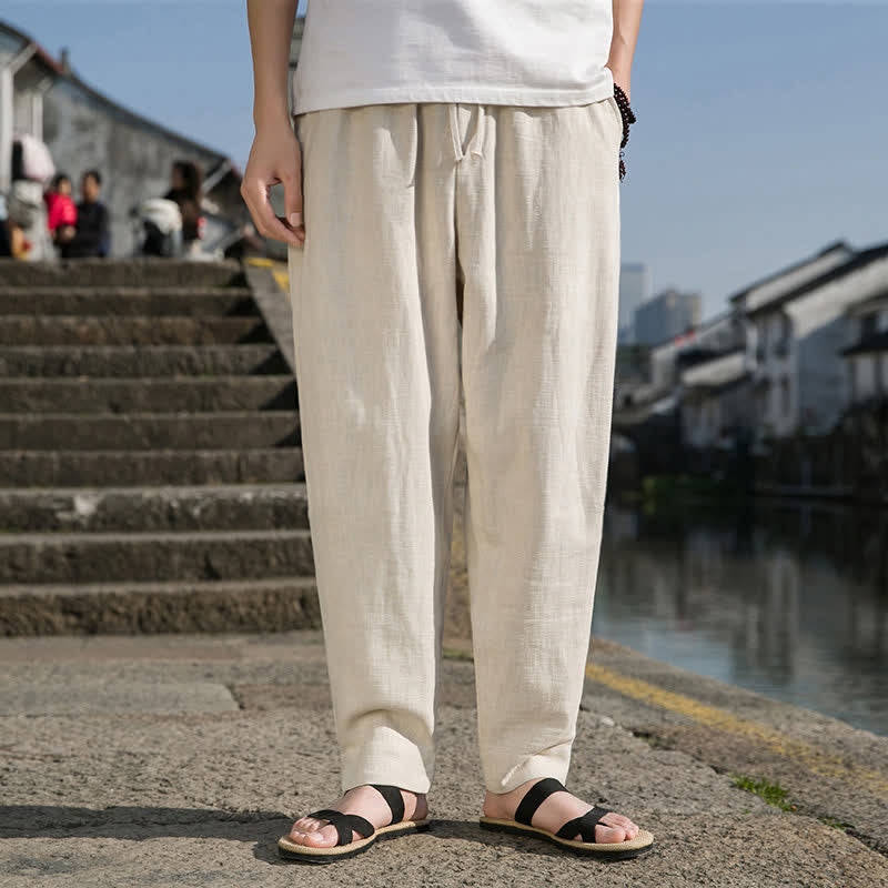Buddha Stones 春夏カジュアルミニマリストドローストリング無地ラミーアンクルパンツメンズハーレムパンツポケット付き - image 5