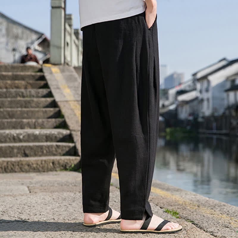Buddha Stones 春夏カジュアルミニマリストドローストリング無地ラミーアンクルパンツメンズハーレムパンツポケット付き - image 10