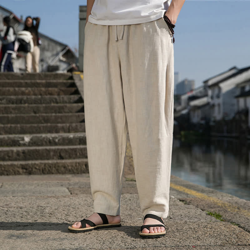 Buddha Stones 春夏カジュアルミニマリストドローストリング無地ラミーアンクルパンツメンズハーレムパンツポケット付き - image 6
