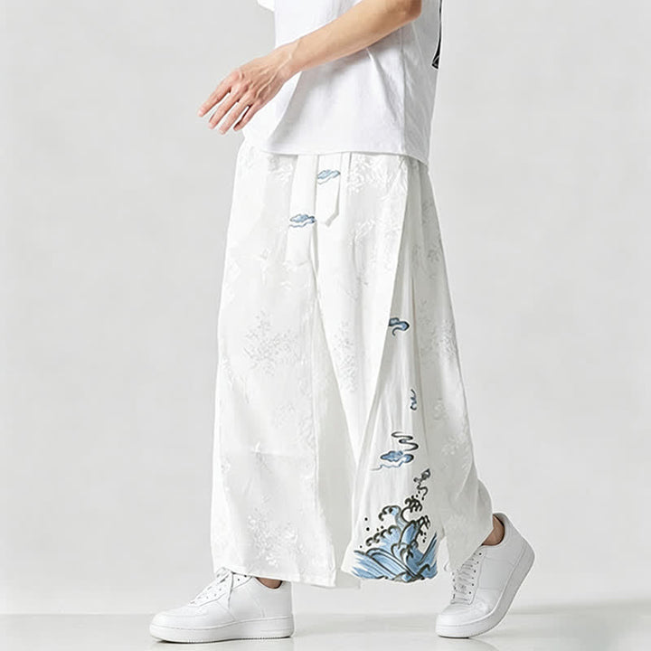 Buddha Stones 春夏唐草風ドローストリング刺繍抽象柄クロップドパンツメンズワイドレッグパンツポケット付き - image 14
