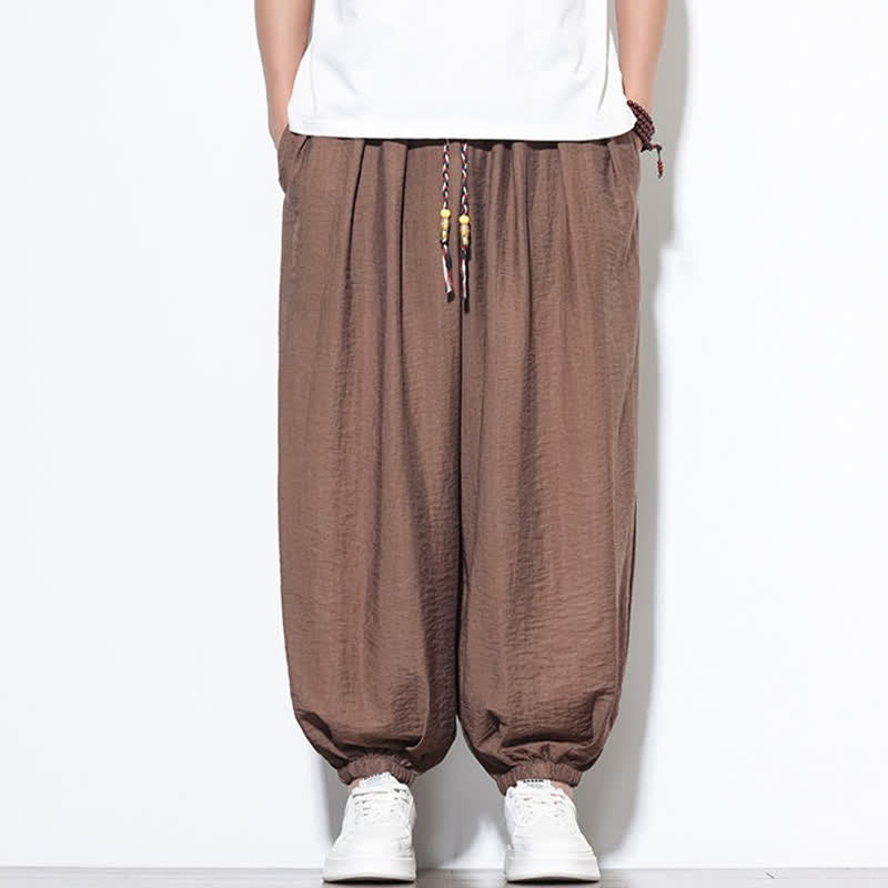 Buddha Stones 夏物カジュアルボヘミアン風ドローストリング無地クロップドパンツメンズハーレムパンツポケット付き - image 23