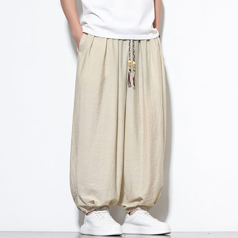 Buddha Stones 夏物カジュアルボヘミアン風ドローストリング無地クロップドパンツメンズハーレムパンツポケット付き - image 1