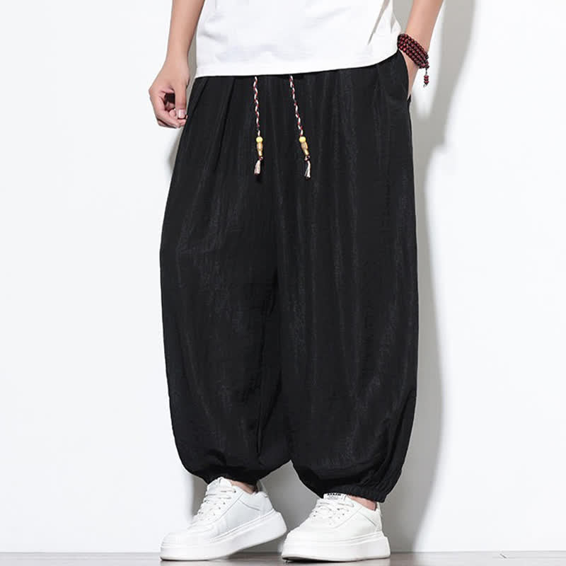 Buddha Stones 夏物カジュアルボヘミアン風ドローストリング無地クロップドパンツメンズハーレムパンツポケット付き - image 14