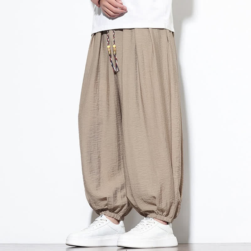 Buddha Stones 夏物カジュアルボヘミアン風ドローストリング無地クロップドパンツメンズハーレムパンツポケット付き - image 32