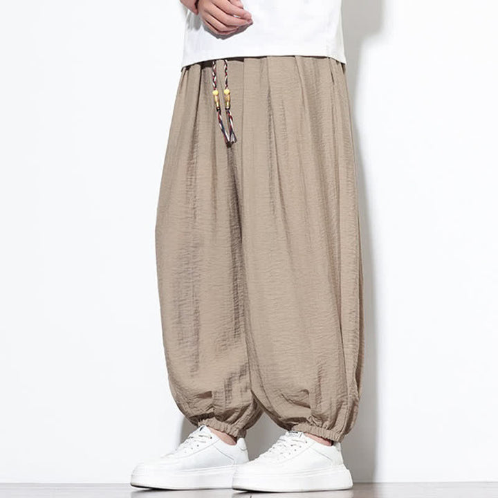 Buddha Stones 夏物カジュアルボヘミアン風ドローストリング無地クロップドパンツメンズハーレムパンツポケット付き - image 32