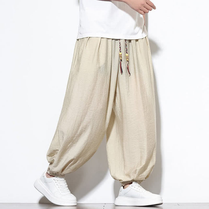 Buddha Stones 夏物カジュアルボヘミアン風ドローストリング無地クロップドパンツメンズハーレムパンツポケット付き - image 2