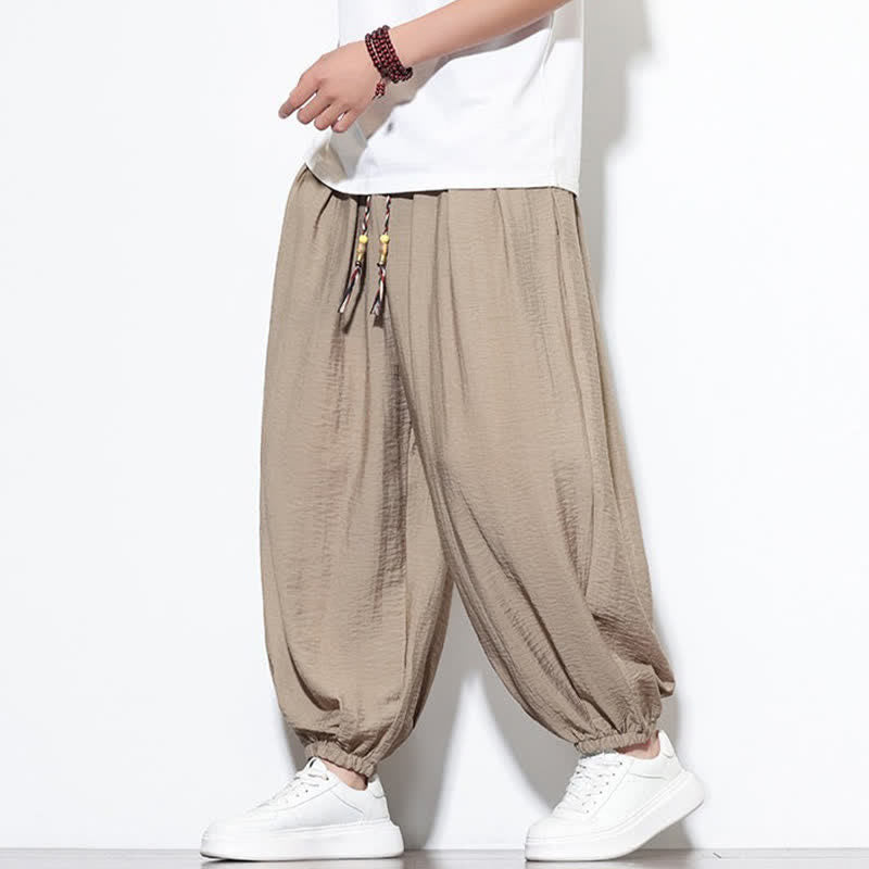 Buddha Stones 夏物カジュアルボヘミアン風ドローストリング無地クロップドパンツメンズハーレムパンツポケット付き - image 28
