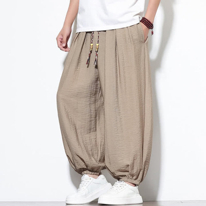 Buddha Stones 夏物カジュアルボヘミアン風ドローストリング無地クロップドパンツメンズハーレムパンツポケット付き - image 31