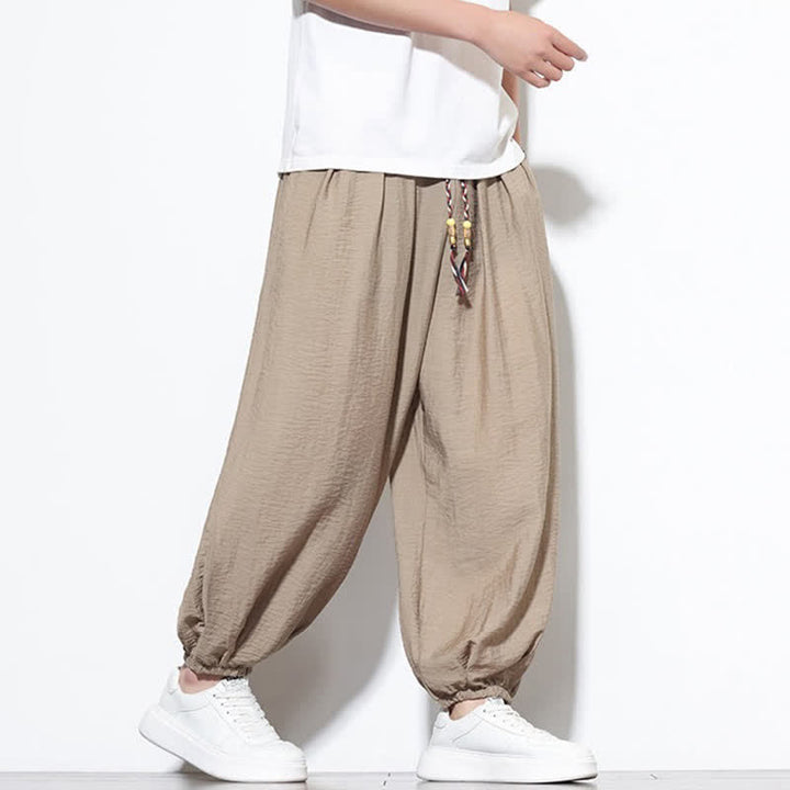 Buddha Stones 夏物カジュアルボヘミアン風ドローストリング無地クロップドパンツメンズハーレムパンツポケット付き - image 27