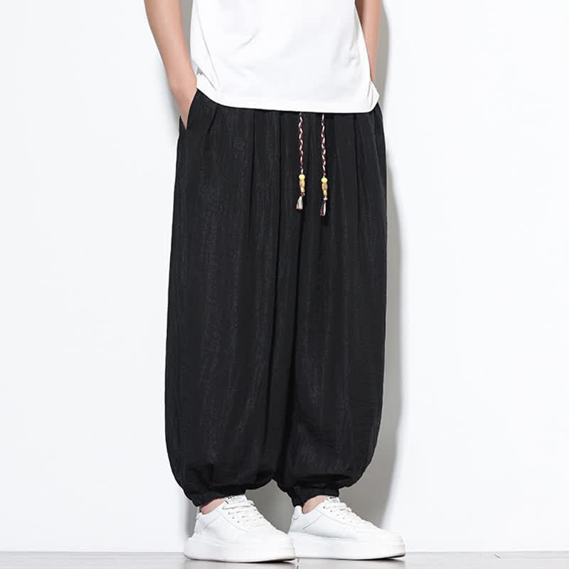 Buddha Stones 夏物カジュアルボヘミアン風ドローストリング無地クロップドパンツメンズハーレムパンツポケット付き - image 10