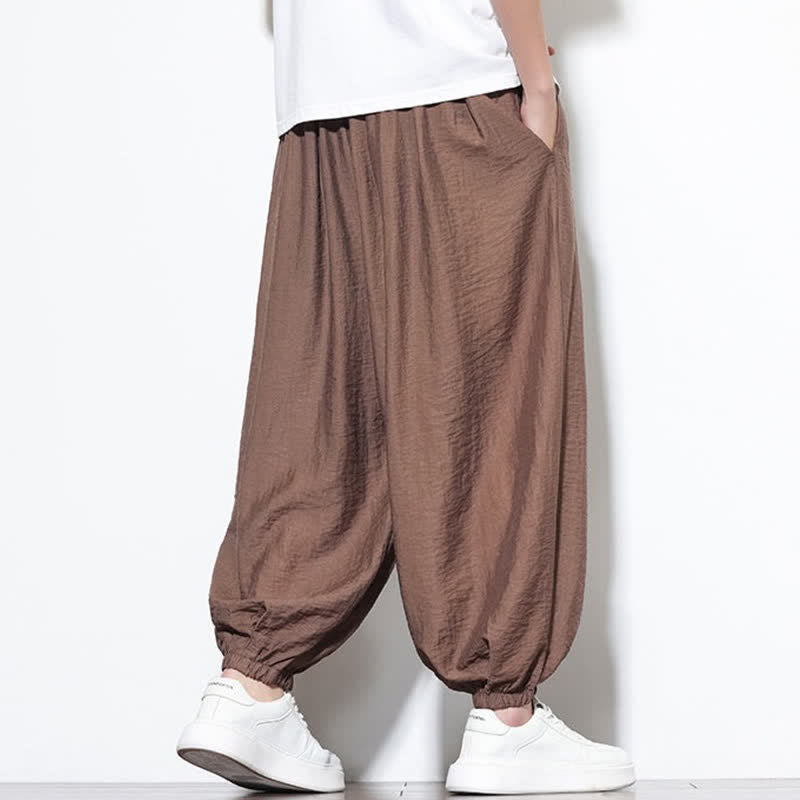 Buddha Stones 夏物カジュアルボヘミアン風ドローストリング無地クロップドパンツメンズハーレムパンツポケット付き - image 21