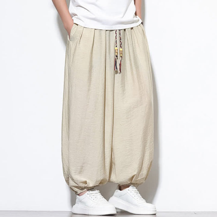 Buddha Stones 夏物カジュアルボヘミアン風ドローストリング無地クロップドパンツメンズハーレムパンツポケット付き - image 7