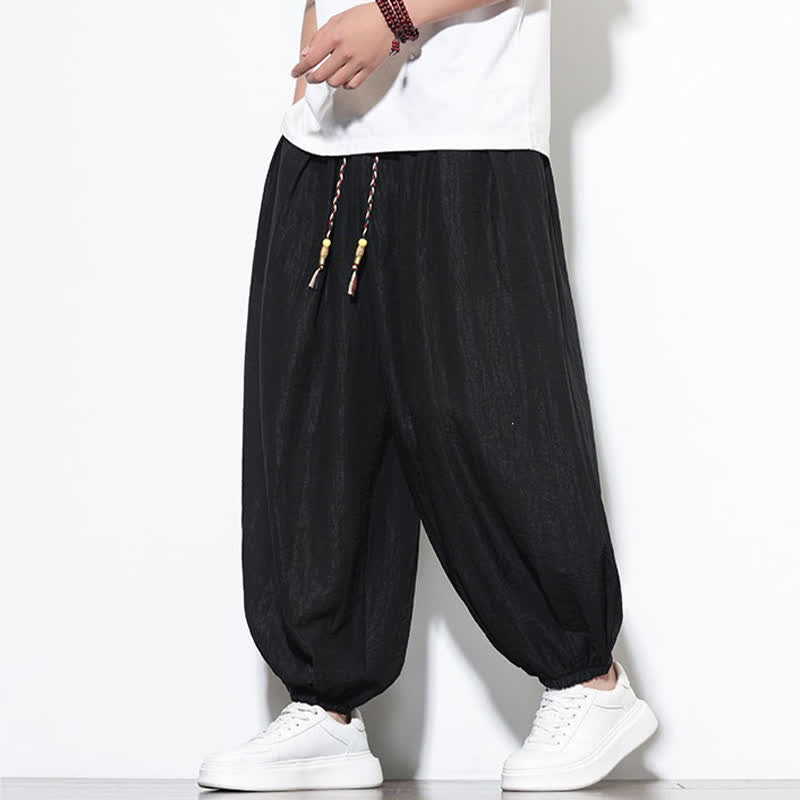 Buddha Stones 夏物カジュアルボヘミアン風ドローストリング無地クロップドパンツメンズハーレムパンツポケット付き - image 12
