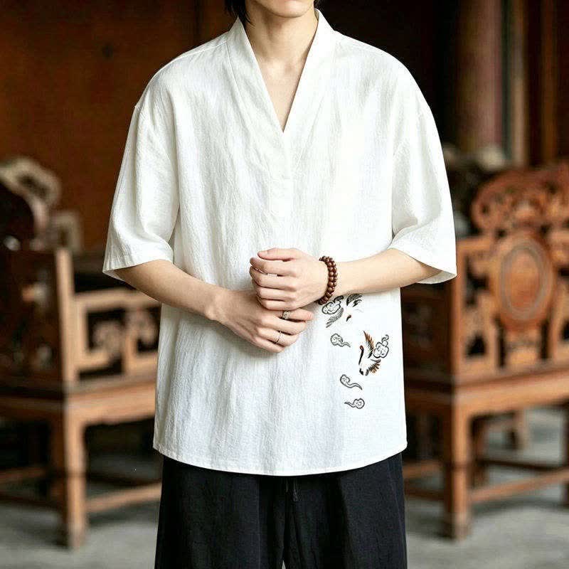 Buddha Stones 夏用唐風瞑想刺繍鶴柄半袖シャツショーツ2枚セット メンズ瞑想服 ポケット付き - image 7