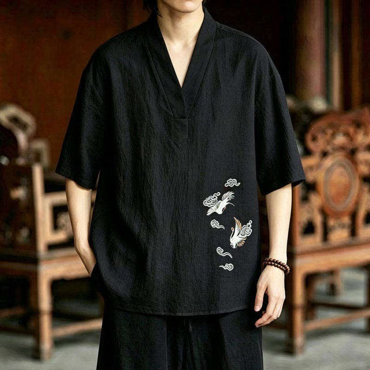 Buddha Stones 夏用唐風瞑想刺繍鶴柄半袖シャツショーツ2枚セット メンズ瞑想服 ポケット付き - image 1