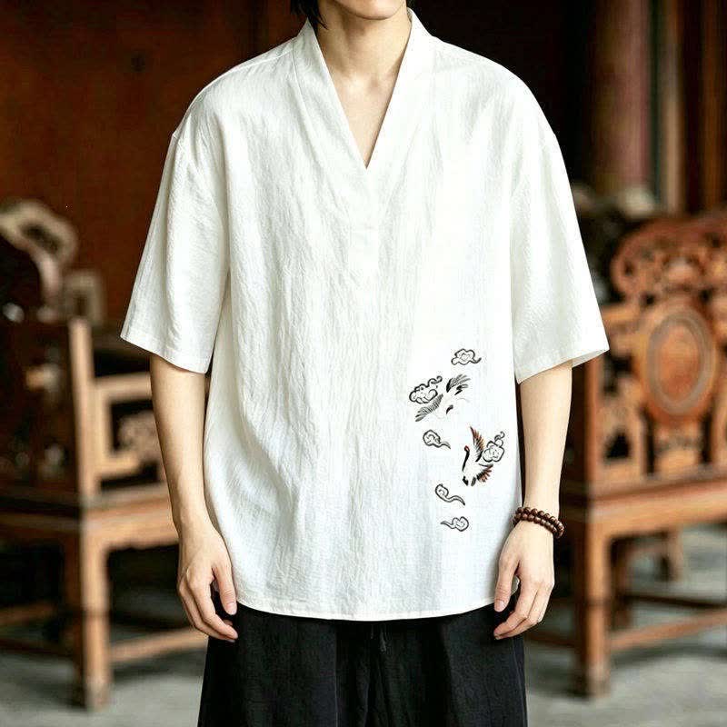 Buddha Stones 夏用唐風瞑想刺繍鶴柄半袖シャツショーツ2枚セット メンズ瞑想服 ポケット付き - image 6