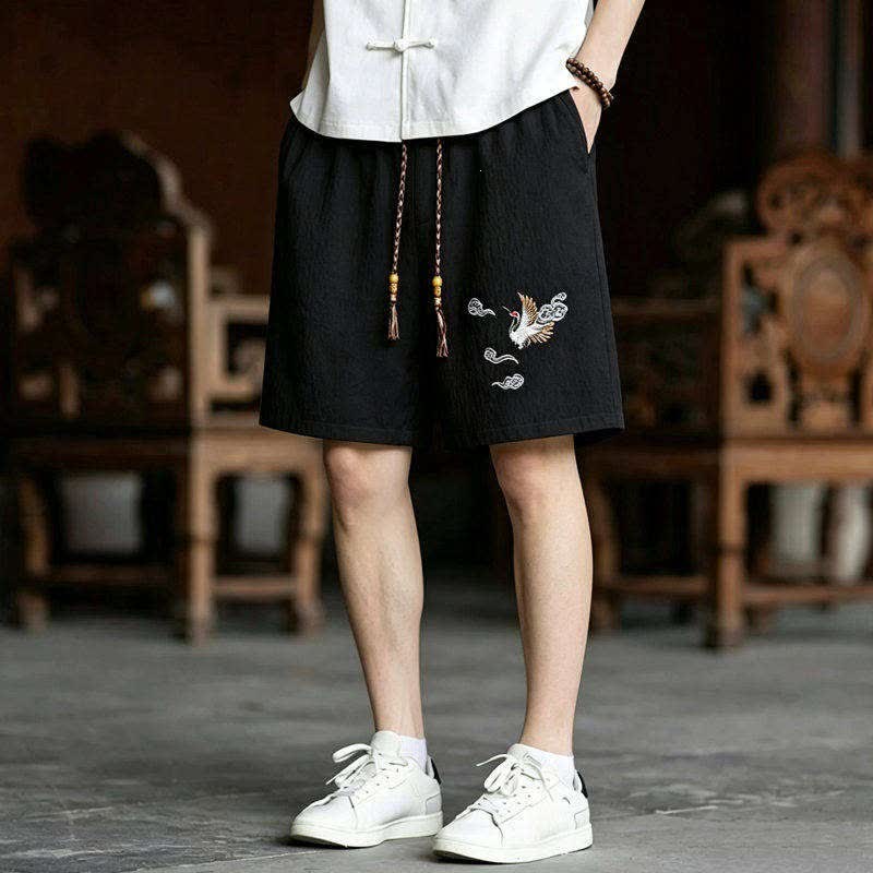 Buddha Stones 夏用唐風瞑想刺繍鶴柄半袖シャツショーツ2枚セット メンズ瞑想服 ポケット付き - image 3