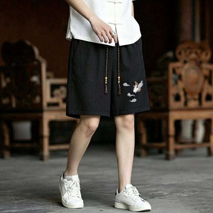 Buddha Stones 夏用唐風瞑想刺繍鶴柄半袖シャツショーツ2枚セット メンズ瞑想服 ポケット付き - image 2