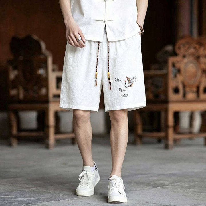 Buddha Stones 夏用唐風瞑想刺繍鶴柄半袖シャツショーツ2枚セット メンズ瞑想服 ポケット付き - image 11