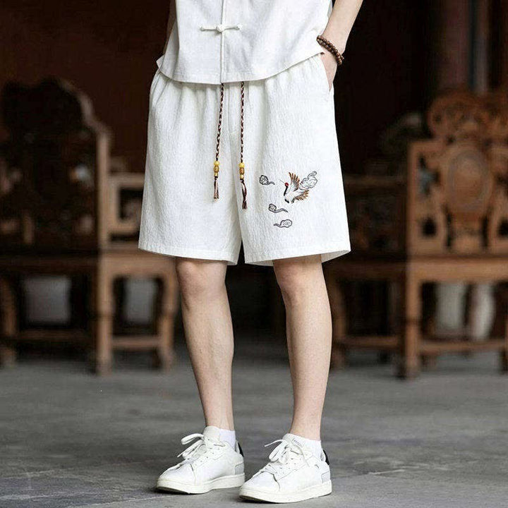 Buddha Stones 夏用唐風瞑想刺繍鶴柄半袖シャツショーツ2枚セット メンズ瞑想服 ポケット付き - image 12
