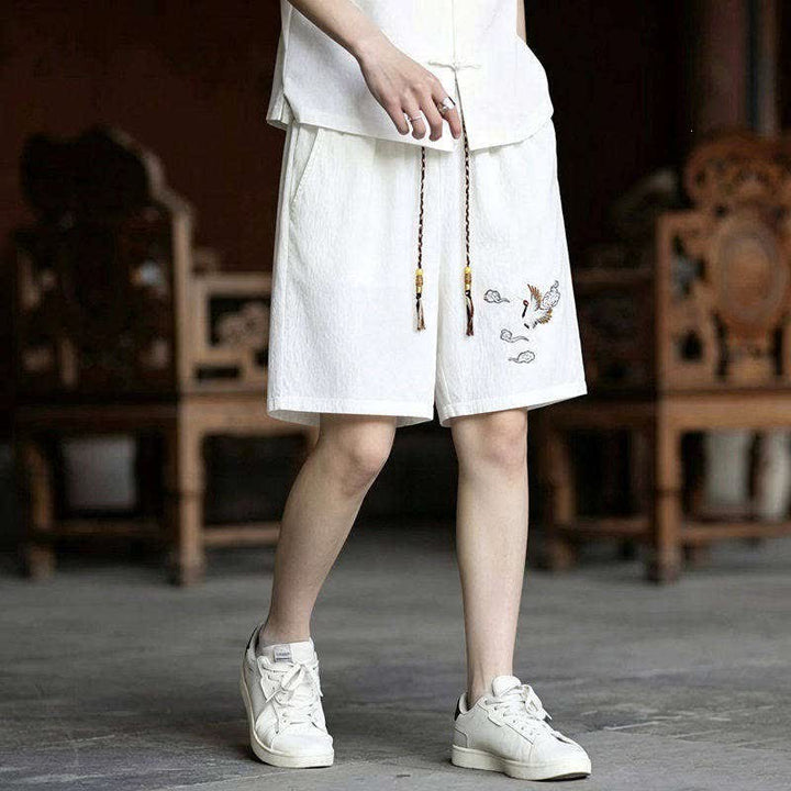Buddha Stones 夏用唐風瞑想刺繍鶴柄半袖シャツショーツ2枚セット メンズ瞑想服 ポケット付き - image 10