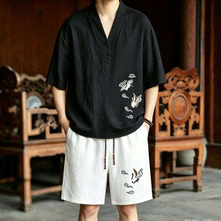 Buddha Stones 夏用唐風瞑想刺繍鶴柄半袖シャツショーツ2枚セット メンズ瞑想服 ポケット付き - 黒シャツ＋白ショートパンツ - US/UK/AU46、 EU56 (5XL) - image 4
