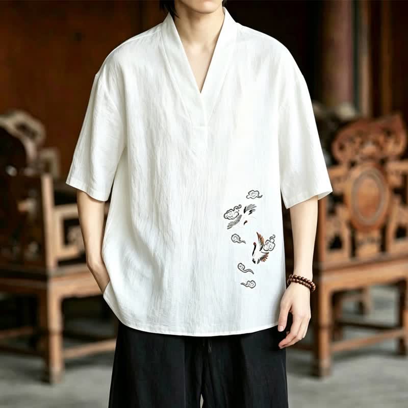 Buddha Stones 夏用唐風瞑想刺繍鶴柄半袖シャツショーツ2枚セット メンズ瞑想服 ポケット付き - image 8