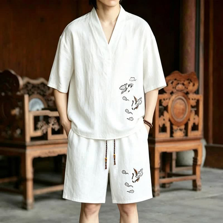 Buddha Stones 夏用唐風瞑想刺繍鶴柄半袖シャツショーツ2枚セット メンズ瞑想服 ポケット付き - 白いシャツ＋白いショートパンツ - US/UK/AU46、 EU56 (5XL) - image 9