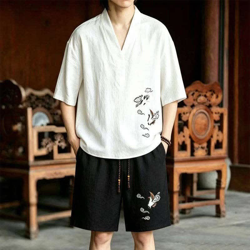 Buddha Stones 夏用唐風瞑想刺繍鶴柄半袖シャツショーツ2枚セット メンズ瞑想服 ポケット付き - 白シャツ＋黒ショートパンツ - US/UK/AU46、 EU56 (5XL) - image 5
