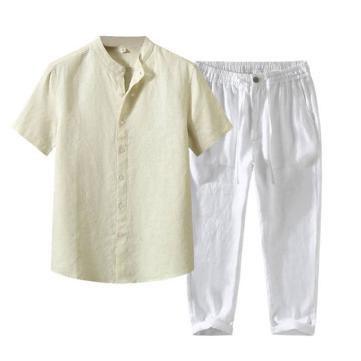 Buddha Stones 夏用唐風瞑想マンダリンカラーボタンアップ無地リネン半袖シャツパンツメンズ瞑想服ポケット付き2点セット - image 18
