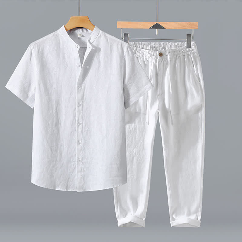 Buddha Stones 夏用唐風瞑想マンダリンカラーボタンアップ無地リネン半袖シャツパンツメンズ瞑想服ポケット付き2点セット - 白いシャツ＋パンツ - US/UK/AU42、 EU52 (3XL) - image 19