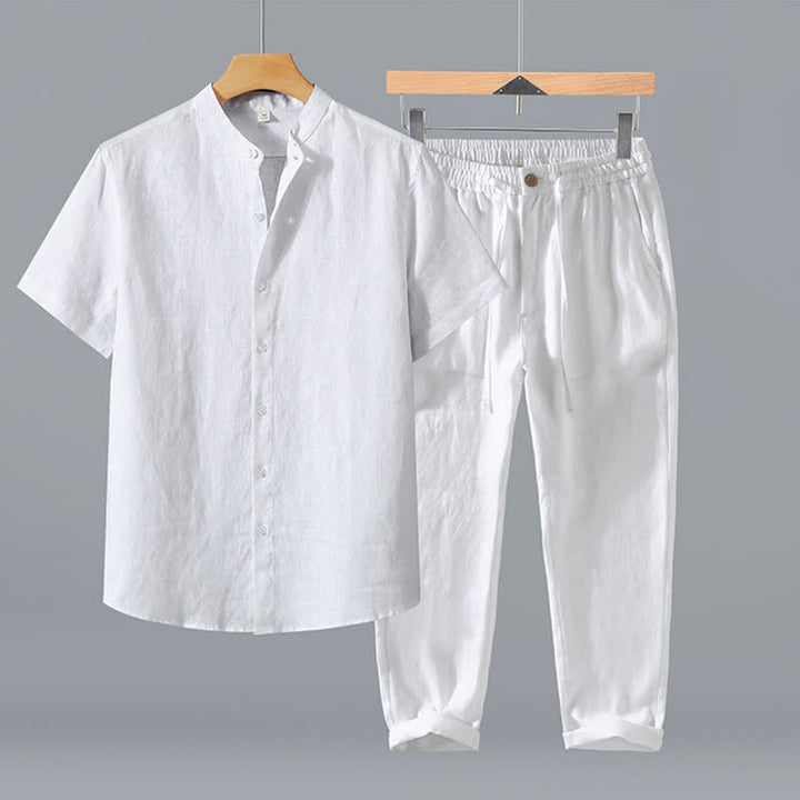 Buddha Stones 夏用唐風瞑想マンダリンカラーボタンアップ無地リネン半袖シャツパンツメンズ瞑想服ポケット付き2点セット - 白いシャツ＋パンツ - US/UK/AU42、 EU52 (3XL) - image 19