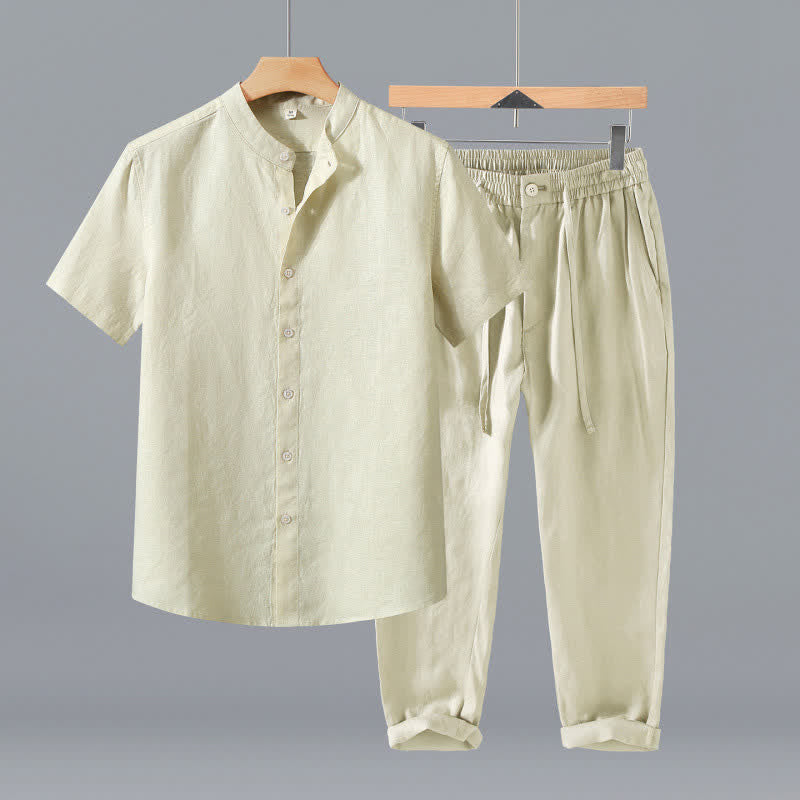Buddha Stones 夏用唐風瞑想マンダリンカラーボタンアップ無地リネン半袖シャツパンツメンズ瞑想服ポケット付き2点セット - ベージュのシャツ＋パンツ - US/UK/AU42、 EU52 (3XL) - image 10