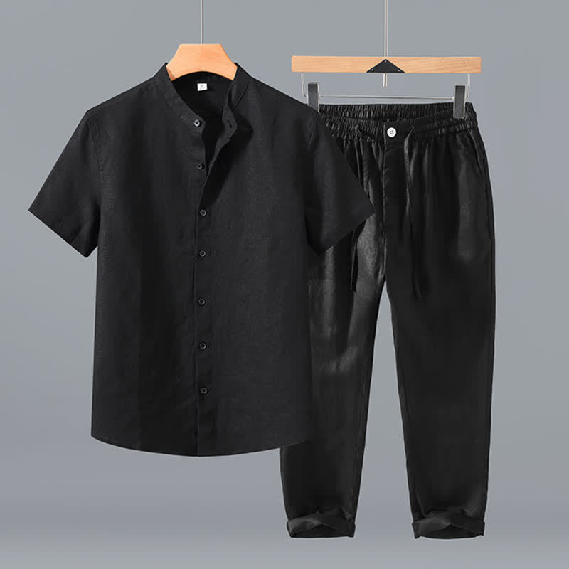 Buddha Stones 夏用唐風瞑想マンダリンカラーボタンアップ無地リネン半袖シャツパンツメンズ瞑想服ポケット付き2点セット - 黒シャツ＋黒パンツ - US/UK/AU42、 EU52 (3XL) - image 1