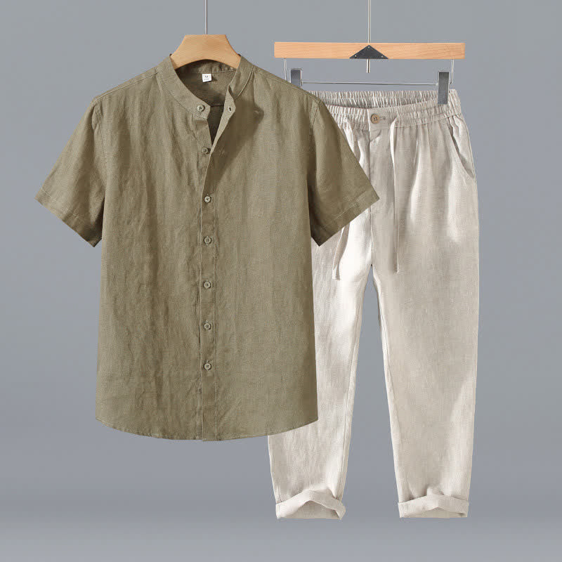 Buddha Stones 夏用唐風瞑想マンダリンカラーボタンアップ無地リネン半袖シャツパンツメンズ瞑想服ポケット付き2点セット - ダークカーキのシャツ＋ベージュのパンツ - US/UK/AU42、 EU52 (3XL) - image 2