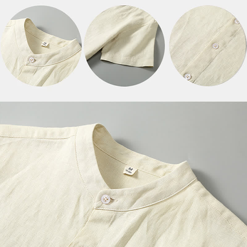 Buddha Stones 夏用唐風瞑想マンダリンカラーボタンアップ無地リネン半袖シャツパンツメンズ瞑想服ポケット付き2点セット - image 11