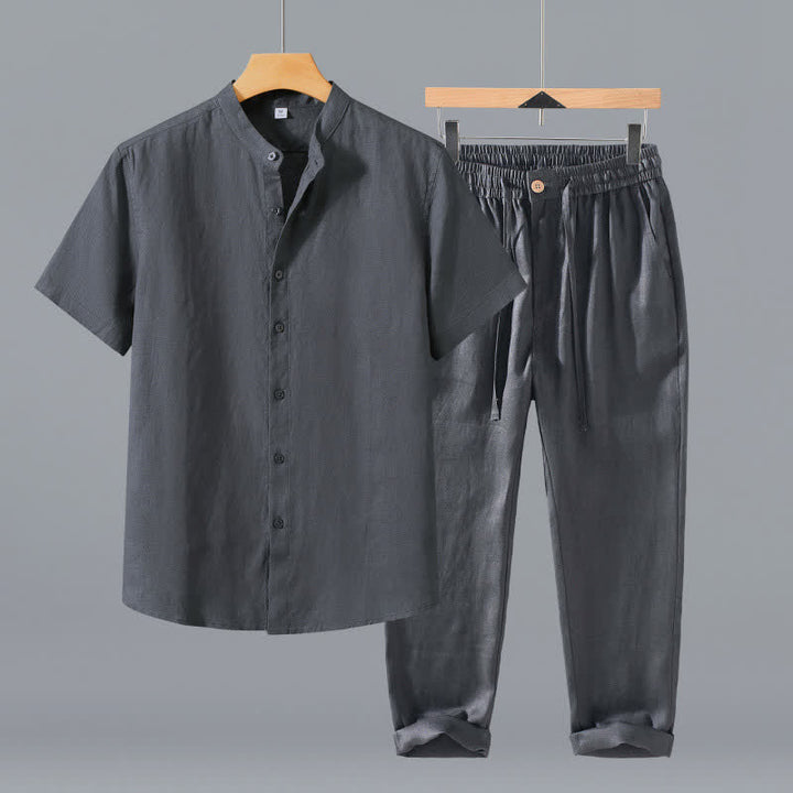 Buddha Stones 夏用唐風瞑想マンダリンカラーボタンアップ無地リネン半袖シャツパンツメンズ瞑想服ポケット付き2点セット - グレーのシャツ＋パンツ - US/UK/AU42、 EU52 (3XL) - image 0